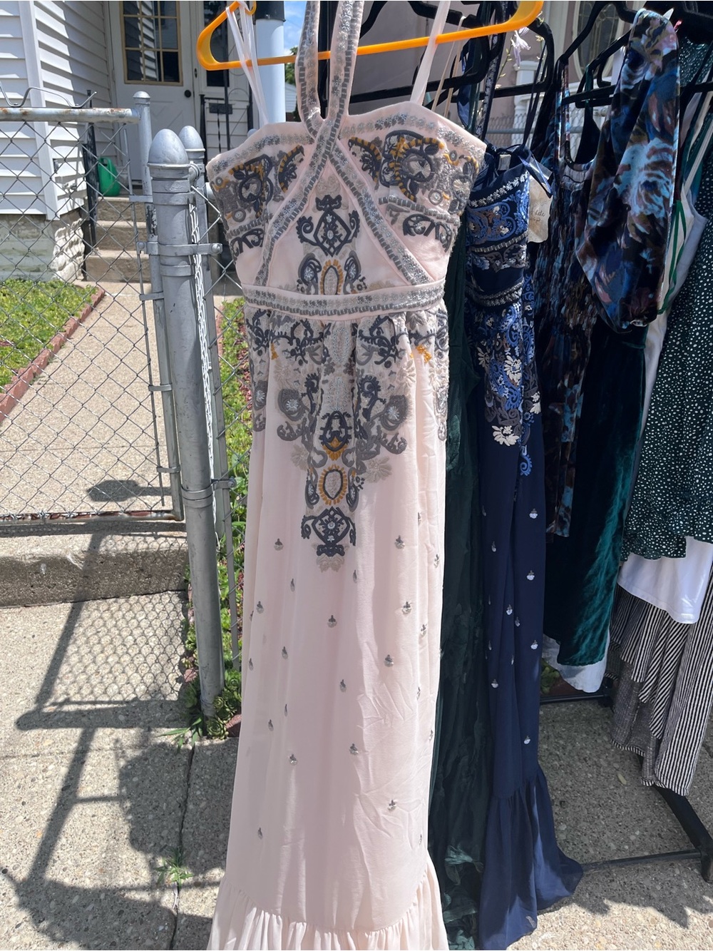 Altar'd State Blush Pink Maxi Dress with Gray and Gold Beading and Embroidery